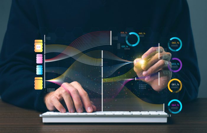 Data scientists analyze and visualize massive data on virtual screens, using AI to process complex data. Big data technology and data science. Data flow. Digital neural network artificial intelligence