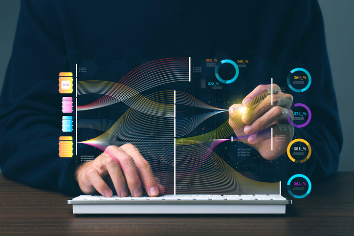 Data scientists analyze and visualize massive data on virtual screens, using AI to process complex data. Big data technology and data science. Data flow. Digital neural network artificial intelligence